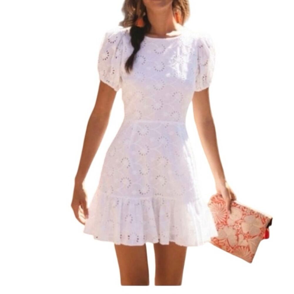 Yumi Kim Alicia Pixie White Eyelet Cotton Puff Sleeve Mini Dress M Cottagecore